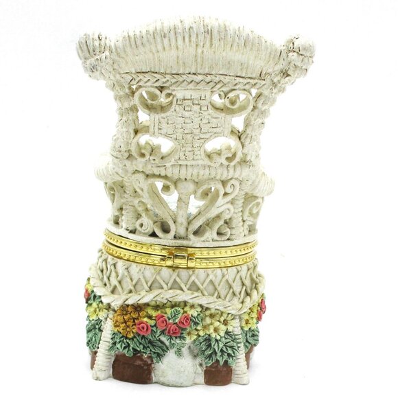 Wicker Chair Resin Trinket Box With Floral Accents & Bow Clasp Design - Picture 5 of 5